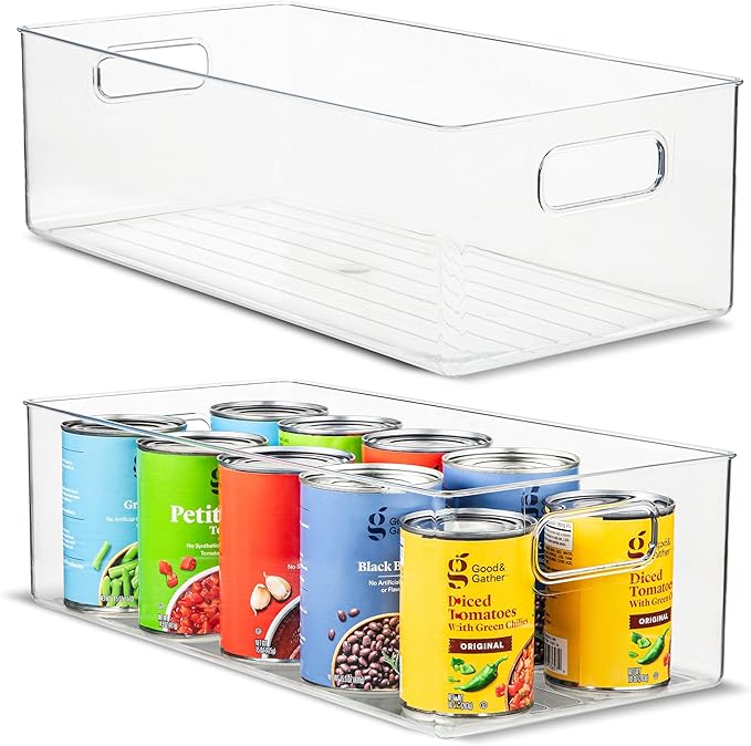 Plastic Food Storage 2 Pack Clear Container Bin with Handles for Organizing Kitchen, Pantry, Refrigerator, Freezer, Pantry, Cabinet, Closet, Bathroom. 16”x8”x5” by primebox