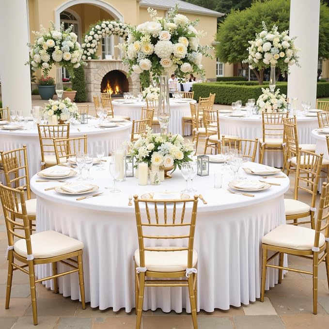 leegleri 4 Pack White Spandex Round Tablecloths, Stretchy 120inch Fitted 5FT Round Table Cloths with Skirt for Wedding Party Dining Banquet - Image 4