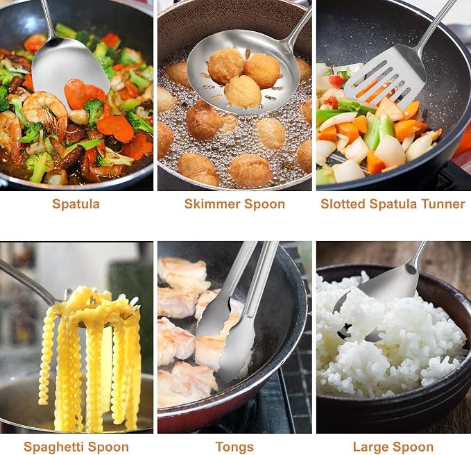 304 Stainless Steel Cooking Utensils Set, 12 Pcs Long Stainless Steel Kitchen Utensils Set, Metal Cooking Utensils Set with Potato Masher, Spoon, Ladle, Skimmer, Pasta Server etc(Dishwasher Safe) - Image 5
