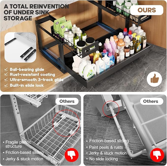1 Pack-16"-26"W Expandable Under Sink Organizer With Upgrade Ball-Bearing Slide,2-Tier Pull Out Under Cabinet Organizer Height Adjustable,Not Suitable For Cabinets With Partitions In The Middle - Image 5
