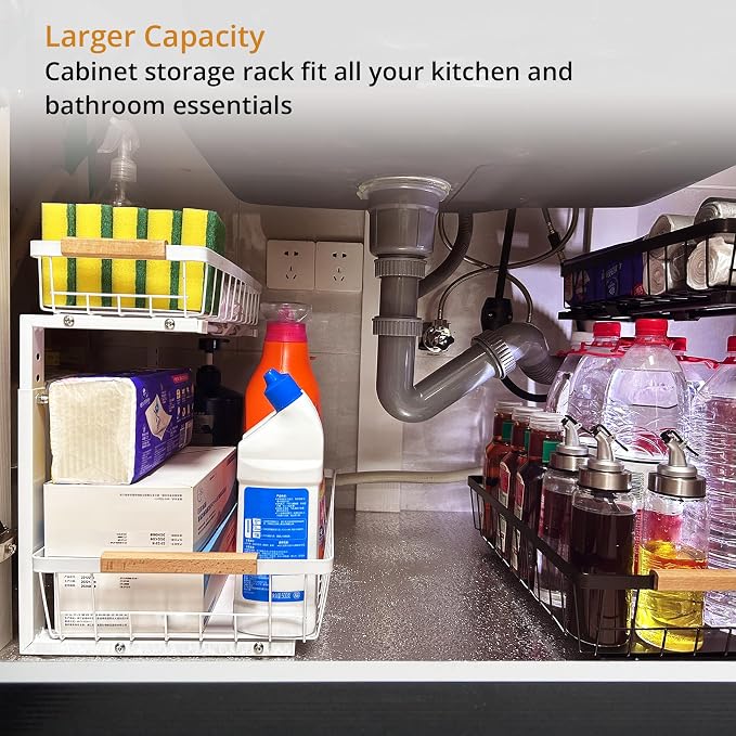 Under Sink Organizer 2 Pack, 2 Tier Pull Out Cabinet Organizers and Storage for Kitchen Bathroom Pantry Laundry, Adjustable Height, Slide Out Thickened Metal Storage Shelf (White, 2 Pack) - Image 6