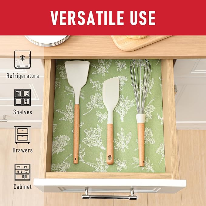 Cooyes Shelf Liner for Refrigerator & Drawer, Non-Adhesive Cabinets Liner for Kitchen Cupboard & Fridge, Breathable Cloth Material, Vegetable-Patterned, 12" x 360", Sage Green - Image 2