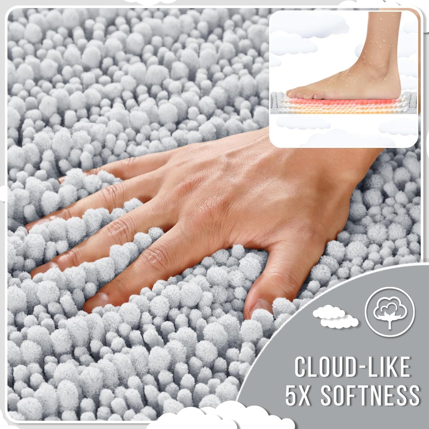 Yimobra Long Bathroom Rugs Non Slip Washable 44x24 Inch - Ultra Soft Absorbent Chenille Bath Mat, Quick Dry Shaggy Floor Carpet for Tub Shower, Silver Home Decor Accessories