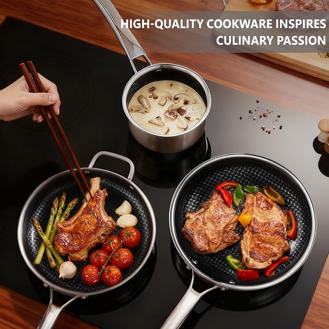 VINGLI 11 Pcs Non-Stick Cookware Set, Stainless Steel Pots and Pans Set with Lids, Non-Toxic Saute Sauce Pot, Soup Pot, Frying Pan, PFOA & PTFE Free, Compatible for All Cooktops (11 Nonstick Set) - Image 6