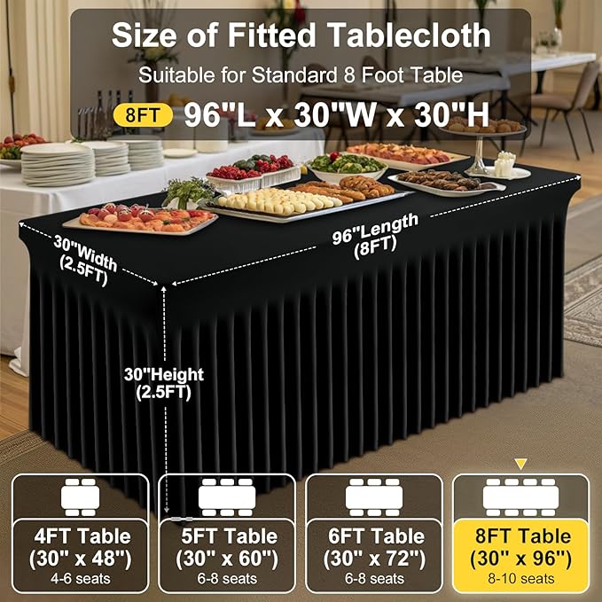 Smiry Spandex Tablecloth 6 Pack, Elastic Fitted Stretch Tablecloth for 8FT Rectangle Tables, Waterproof Washable Table Cover Skirt for Wedding, Banquet & Parties (Black, 96Lx30Wx30H Inch) - Image 4