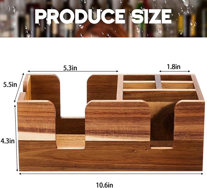 Mifoci 3 Pcs Wooden Bar Caddy with 6 Compartments, Acacia Wood Bar Caddy Napkin & Straw Holder Organizer Cocktail Napkin Holder Condiments for Home Office Kitchen Countertop (Brown) - Image 2