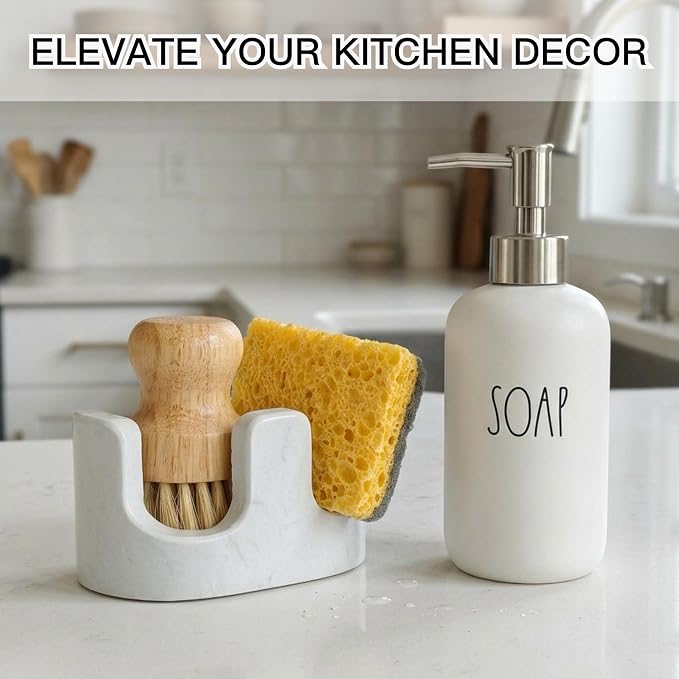 White Marble Sponge Holder for Kitchen Sink, 2-in-1 Sponge & Brush Holder with Raised Edge, 2 Slot Natural Stone Sink Caddy for Countertop, Keeps Countertops Dry, Non-Slip Base, Modern Kitchen Decor - Image 8