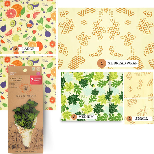 Bee's Wrap Beeswax Wraps for Food - Assorted 7 Pack (2S, 2M, 2L, & 1 Bread) Made in USA Reusable & Organic Food Wraps & Bowl Covers - Eco-Friendly Alternative to Aluminum Foil & Plastic Wrap