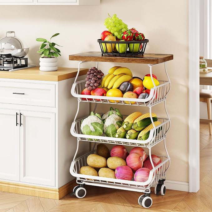 SAYZH 4-Tier Fruit and Vegetable Basket Stand for Kitchen, Wood Top, White | Stackable Vegetable Storage Baskets with Wheel, Metal Wire Storage Carts for Onion, Potato and Snacks by SNTD