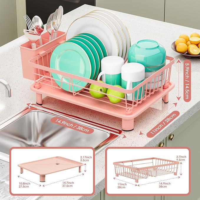 GAOKASE Dish Drying Rack, Stainless Steel-Dish Rack, Dish Racks for Kitchen Counter, Kitchen Dish Drainers with Removable Utensil Holder,New Drain Outlet,Plate Rack and Drainboard,(Pink-11 W x 15" L) - Image 3
