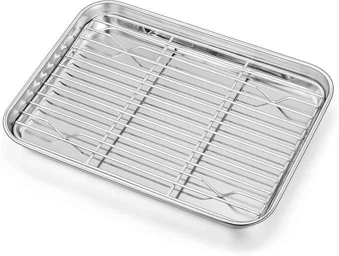 Homikit Mini Baking Sheet with Wire Rack for Toaster Oven (1 Pan+1 Rack) | 9x7 Inch Stainless Steel Baking Pan with Cooling Rack Set, Metal Cookie Sheets, Small Bacon Tray, Nonstick, Dishwasher Safe by Homikit