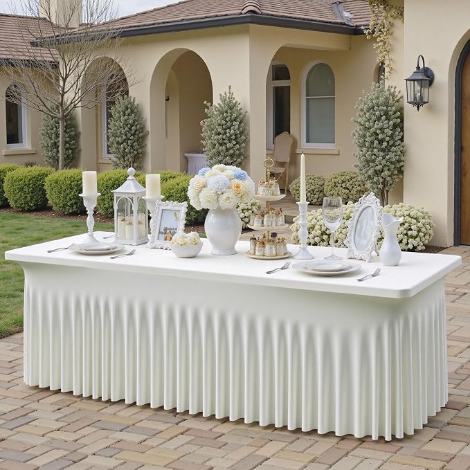 4 pk Ivory Spandex Tablecloth 6ft with Ruffle Skirts,Wrinkle Free High Stretch Cream Fitted Tablecloths for 6 Foot Rectangle Tables,Elastic Spandex Table Covers 6 ft for Parties Weddings Banquet - Image 9