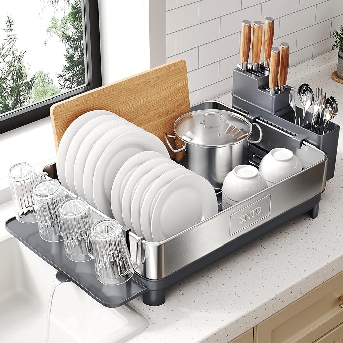 SNTD 304 Stainless Steel Dish Drying Rack for Small Kitchen Counter, Grey by SNTD