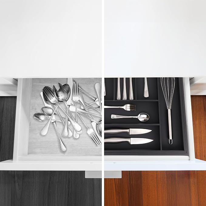 Relaxdays Extendable Cutlery Tray, Bamboo, 6-8 Compartments, HWD: 6.5 x 35-58 x 43.5 cm, Kitchen Drawer Insert, Black, Fibreboard, 6.5 x 35 x 43.5 cm - Image 5