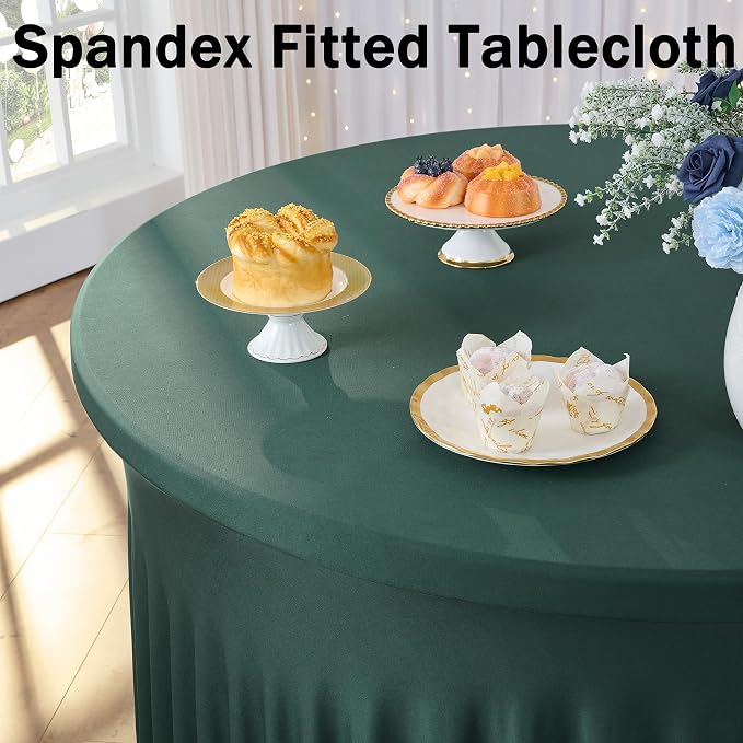 8 Pack Hunter Green Spandex Round Tablecloths for 72 inch Table, Stretchy 132inch Fitted 6FT Round Table Cloths, Wrinkle Free Table Cover with Skirt for Wedding Party Dining Banquet - Image 2