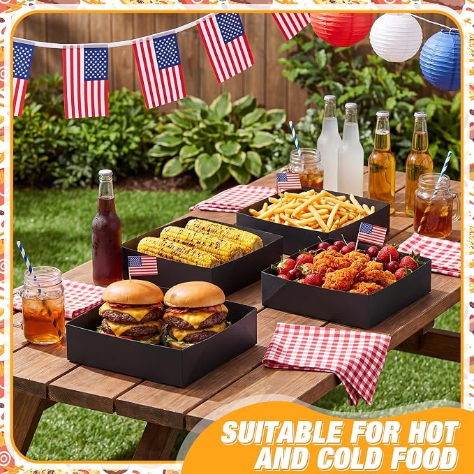Chinco Black 100 Pcs 7.9 x 7.9 x 2.4 Inch 4 Corner Pop Food Tray Kraft Paperboard Disposable Foldable Cardboard Food and Drink Stadium Containers Movie Night Snack Trays Fries Holder Carrier - Image 5