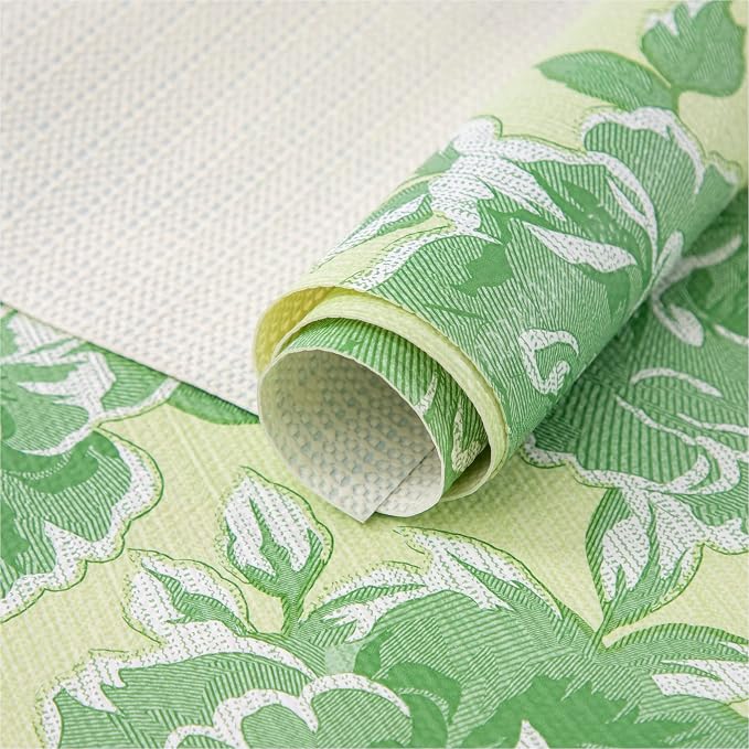 FIFTY FEET 18X96 Inch Shelf Liner for Kitchen Cabinets, PVC Drawer Liner for Dresser Non-Slip Bathroom, Non-Adhesive Cabinet Liner Washable (Green Flower)(3 Roll) by FIFTYFEET