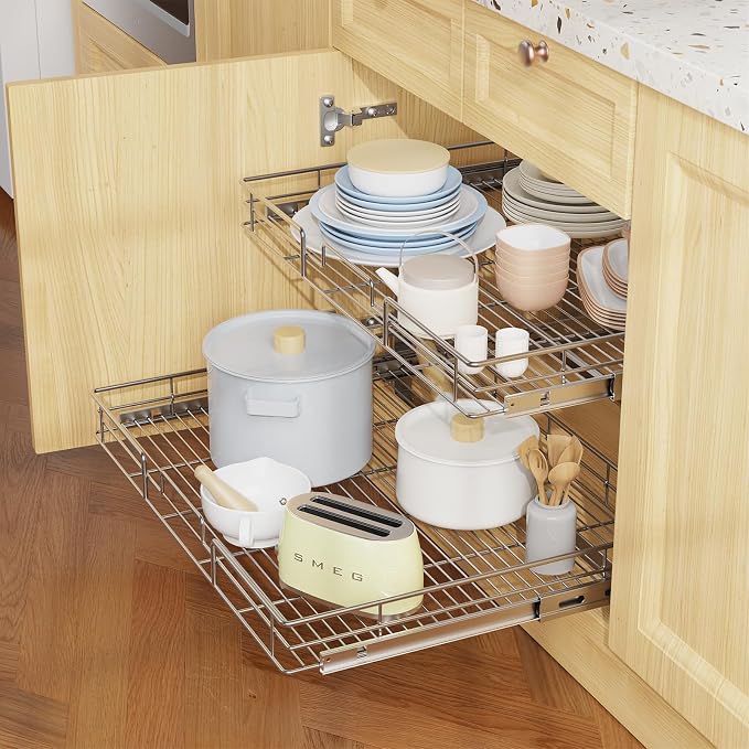 LOVMOR Individual Pull Out Cabinet Organizer, 2 Tier Slide Out Cabinet Drawers, Pots and Pans Organizer and Storage Pantry Shelf for Kitchen (28½" W x 21½" D) - Image 6