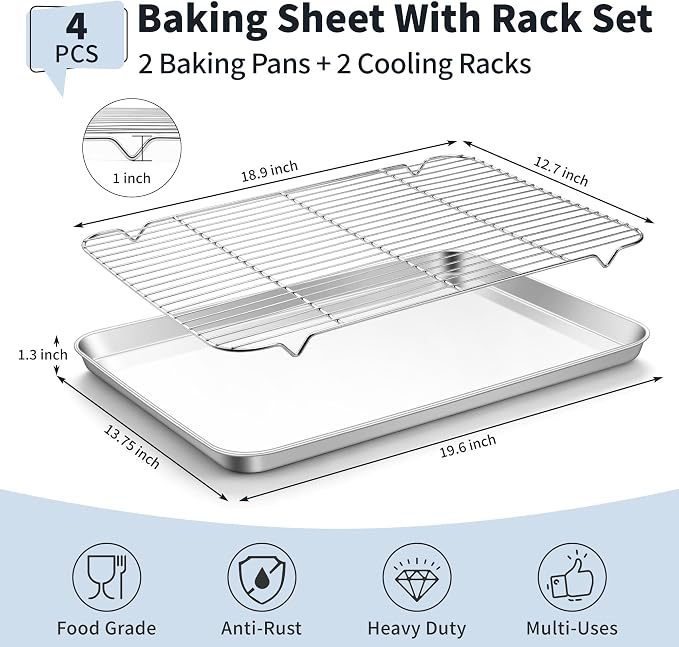 TeamFar Stainless Steel Baking Sheet with Rack Set, 17.6"x13"x1" | 2 Pans + 2 Racks, Cookie Sheet Baking Pan Tray with Cooling Rack for Cooking, Non-Toxic & Rust Proof, Dishwasher Safe - Image 2