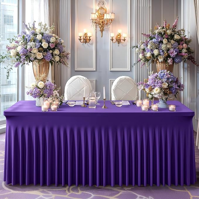 Wish Care 2 Pack Dark Purple Spandex Table Clothes for 4 Foot Rectangle Tables, 4FT Wrinkle Free Fitted Tablecloths Ruffles Design Table Cover for Party, Banquet, Wedding and Events - Image 7