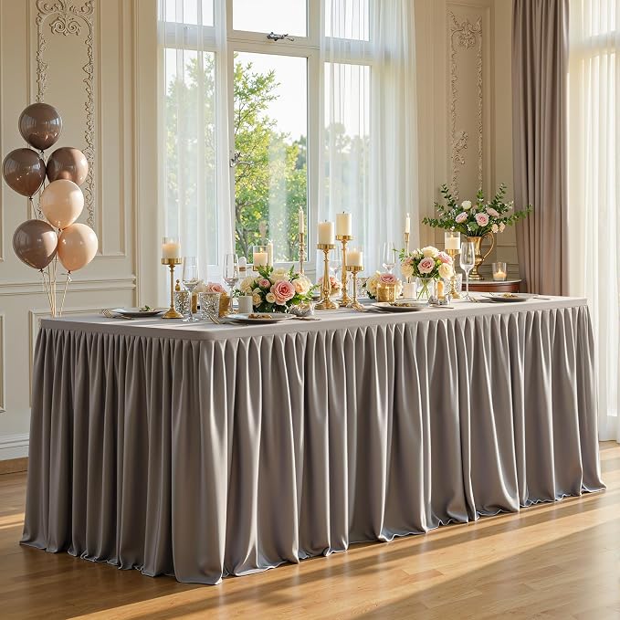 PARTISKY 2 Pack Natural Tablecloths for Rectangle Tables 6ft, Wrinkle Resistant Spandex Table Cover Fitted Stretch Table Cloth with Pleated Ruffle Skirts for Party Banquet Dining Birthday Wedding - Image 4
