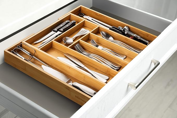 Bamboo Silverware Drawer Organizer - Expandable 100% Bamboo Cutlery Kitchen Drawer Organizer – Premium Wooden Utensil/Cutlery Tray for Kitchen Flatware Set– Eco-Friendly Silverware Organizer - Image 8