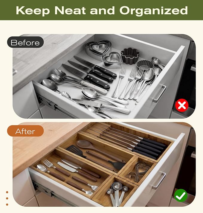 KOCWELL Bamboo Silverware Drawer Organizer with Knife Block, 5 Removable Drawer Organizer Bins - Multi-Use for Kitchen Utensils, Office, Makeup, Tools Storage - Image 2