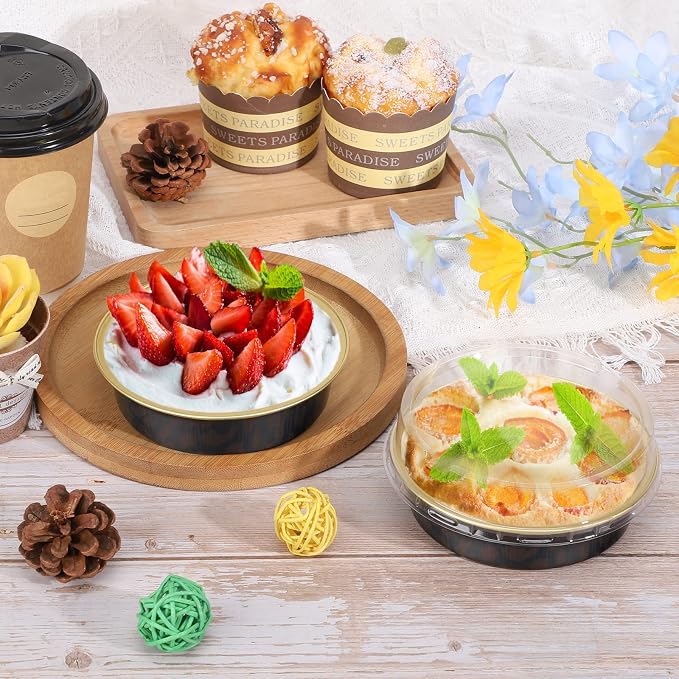 Beasea 50 Pack 4” Mini Pans with Lids, 8oz Disposable Aluminum Baking Foil Tins Round Small Dark Red Spot Container for Individual Cupcake Dessert Muffin Ramekin Cheesecake Quiche Oven Dishes - Image 4