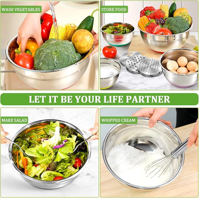Mixing Bowls with Lids Set,10pcs Stainless Steel Mixing Bowls with Graters and Egg Whisk &Non-Slip Bottoms Food Prep Nesting Bowls for Baking, Cooking, Meal Storage(1.2QT-5.5QT) - Image 6