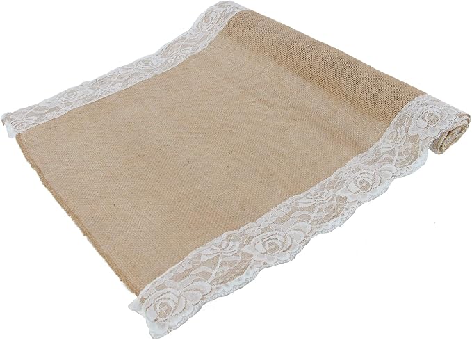 BambooMN Natural 15" x 88" Vintage Lace Burlap Table Runner for Rustic Wedding Bridal Shower Bachelorette Graduation Party Table Home Decor Decorations, 30 Pieces by BambooMN