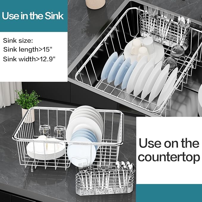 Large Dish Drying Rack in Sink Expandable, Adjustable304 Stainless Steel Metal Dish DrainerRack Organizer with Stainless Steel Utensil Holder Over Inside Sink Counter, Rustproof - Image 5