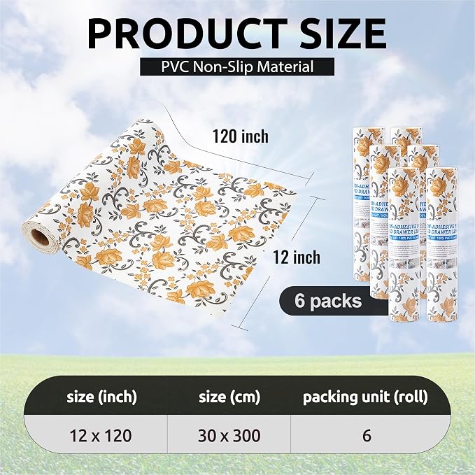 FIFTY FEET 12X120 Inch Shelf Liner for Kitchen Cabinets, PVC Drawer Liner for Dresser Non-Slip Bathroom, Non-Adhesive Cabinet Liner Washable (Yellow Floral)(6 Roll) - Image 3