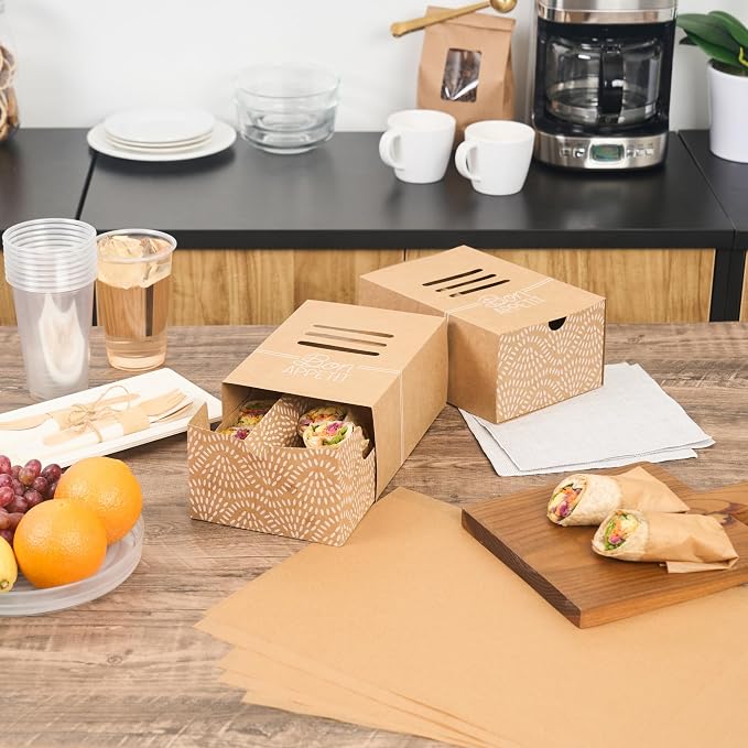 Restaurantware Take Out Food Containers 100 Count 8.3 x 5.7 x 3.7 Inches Paper Sandwich Boxes Disposable Food Packaging Box Design - Image 10