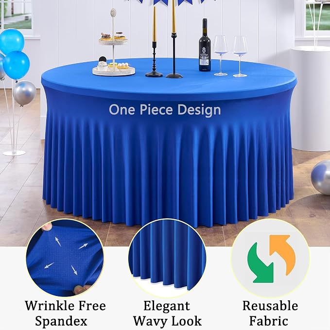 8 Pack Royal Blue Round Spandex Tablecloths for 60 inch Table, 120 inch Stretchy Fitted 5FT Round Table Cloths with Skirt for Wedding Birthday Party Dining Banquet - Image 3