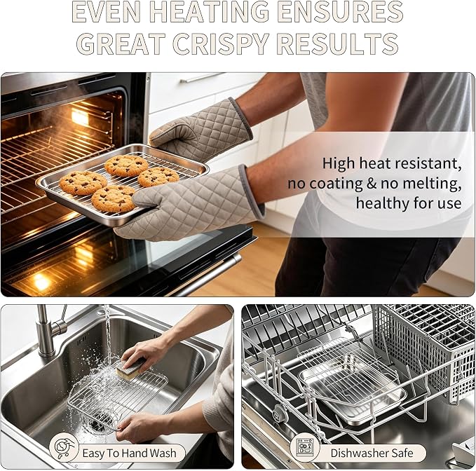 TeamFar Stainless Steel Toaster Oven Pan with Rack Set, 9"x7"x1" | 2 Pans + 2 Racks, Toaster Oven Baking Pan Tray with Cooling Rack for Cooking, Non-Toxic & Rust Proof, Dishwasher Safe - Image 5