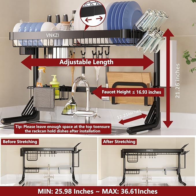 VNKZI Over Sink Dish Drying Rack, 2 Tier Full Stainless Steel Storage Adjustable Length (25.98'' to 36.61'') Kitchen Rack, Multifunctional Expandable Counter Organizer, Space Saver Dish Rack - Image 2