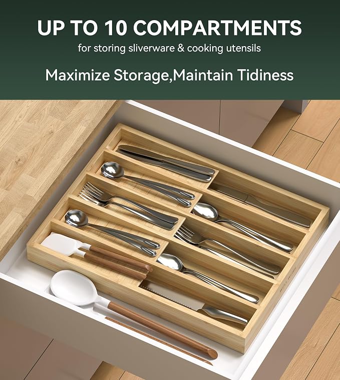 Silverware Drawer Organizer for Kitchen Utensil,Bamboo 10 Slot - Image 3