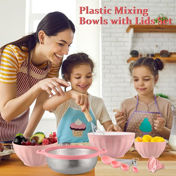 Ziliny 4 Pcs Mixing Bowls with Lids Plastic Nesting Bowls Set with Stainless Steel Colander 8 Pcs Measuring Cups and Spoons Set and Foldable Kitchen Funnel for Kitchen Cooking Accessories (Pink) - Image 7