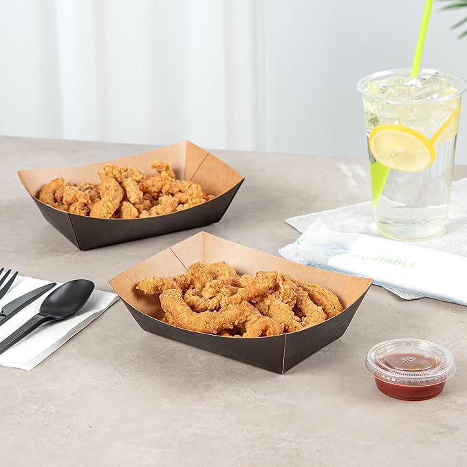 Restaurantware Black Paper lb Food Tray Boat, 7.1 x 5.7 in, 50 Pack - Image 3