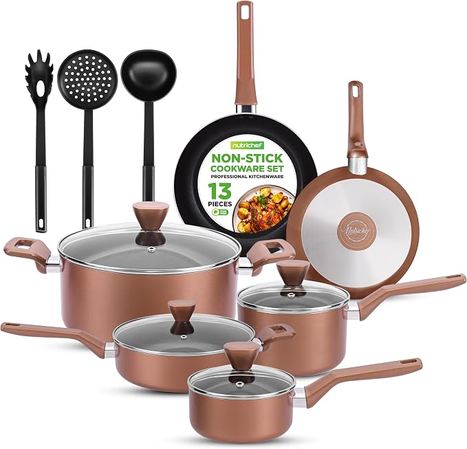 NutriChef 13 Pcs. Nonstick Kitchen Cookware PFOA/PFOS-Free Heat Resistant Kitchenware Set w/Saucepan, Frying Pans, Cooking Pots, Casserole, Lids, & Utensils, Brown, NCCWA13BR by NutriChef%E2%84%A2Kitchen
