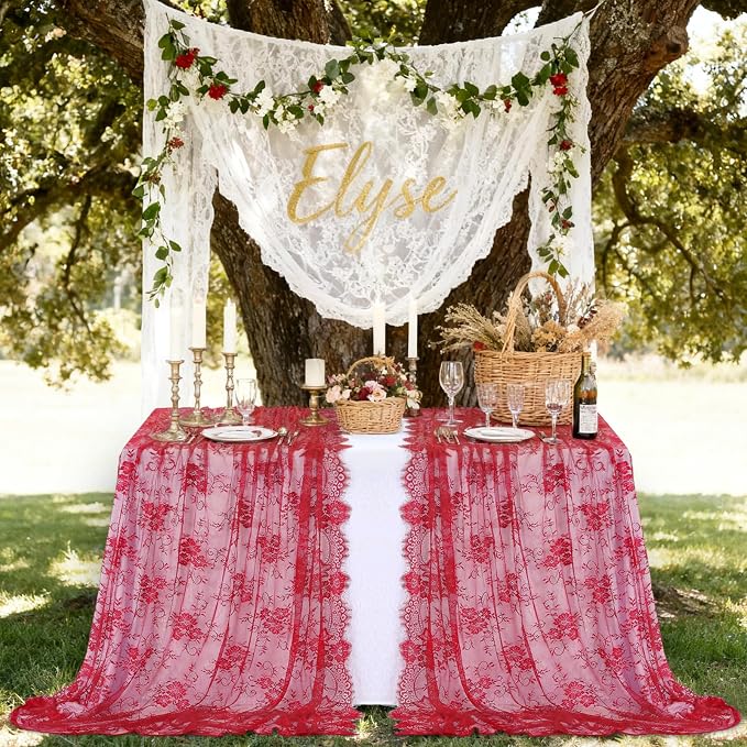 LuoluoHouse Red Lace Tablecloth 6pcs Rose Floral Table Fabric 60x120 Inch - Image 4