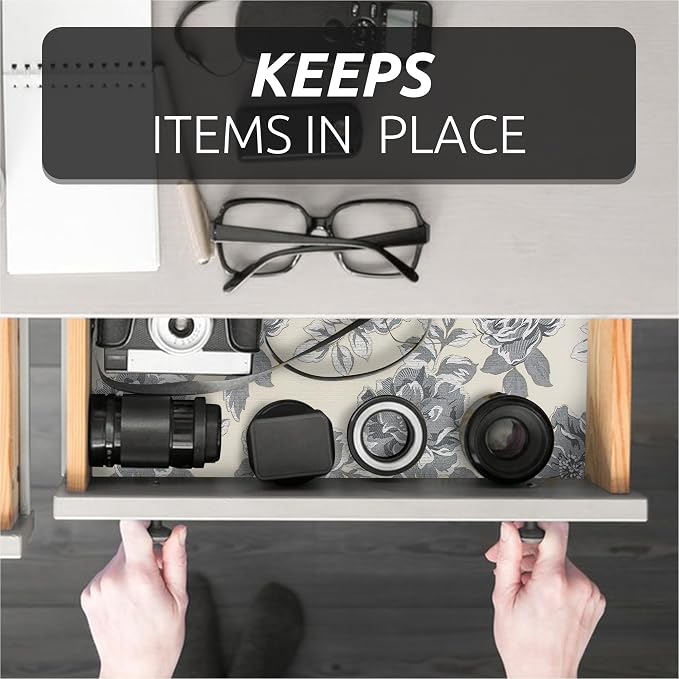 12X120 Inch Shelf Liner for Kitchen Cabinets, PVC Drawer Liner for Dresser Non-Slip Bathroom, Non-Adhesive Cabinet Liner Washable (Black Flower)(1 Roll) - Image 6