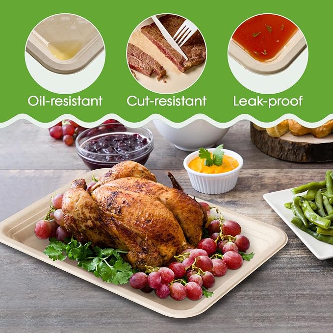 ECOLipak 100 Pack 14 in Compostable Natural Disposable Food Crawfish Trays | Large Paper Thanksgiving Plates for Turkey, BBQ, Seafood Boil Party Supplies, Heavy Duty, Biodegradable, Sugarcane Bagasse - Image 2