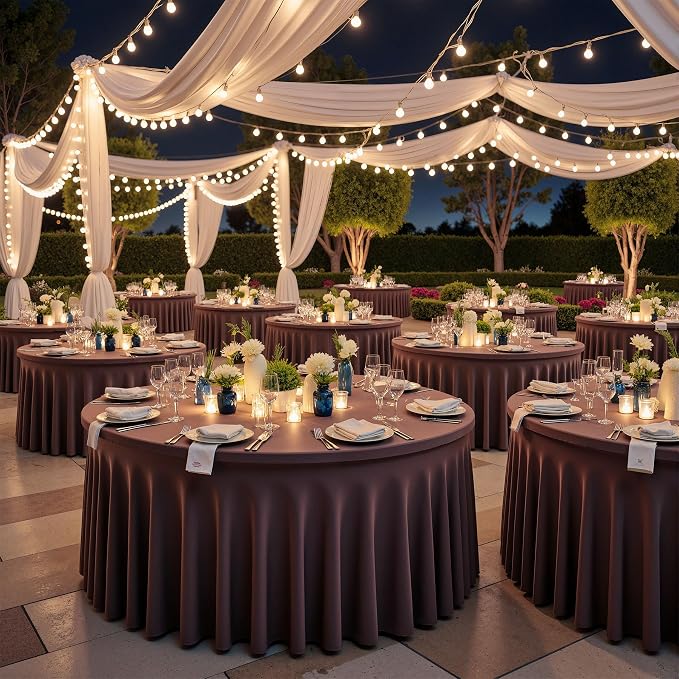 6 Pack Brown Spandex Round Tablecloths for 72 inch Table, Wrinkle Free Stretchy 132inch Fitted 6ft Round Table Cover Cloths with Skirt for Wedding Party Dining Banquet - Image 3