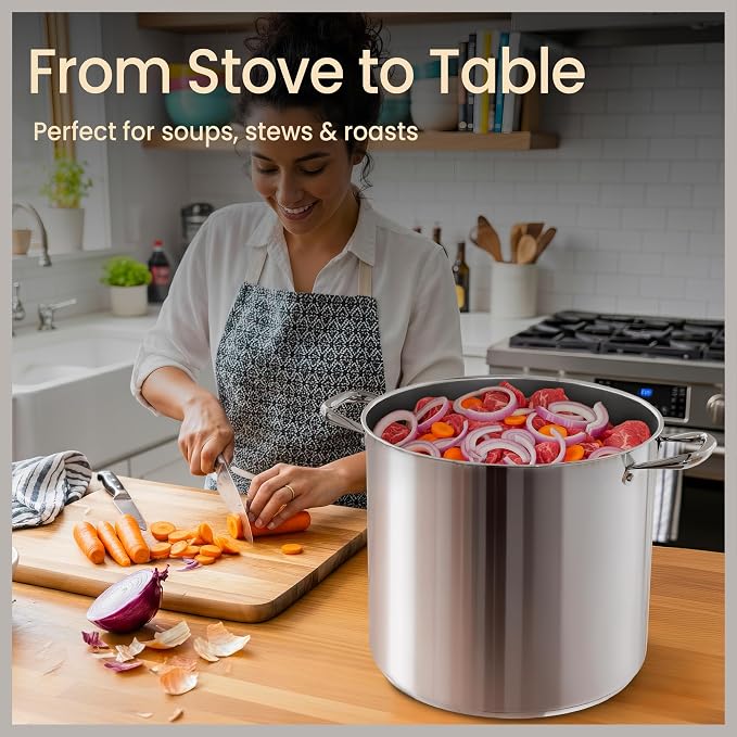 Stainless Steel Stockpot with Tempered Glass Lid 24 Quart, Durable 18/0 Stainless Steel, Impact-Bonded Base for Even Heating, Riveted Handles, Oven & All Stove Compatible, Safe Up To 500°F (260°C) - Image 5