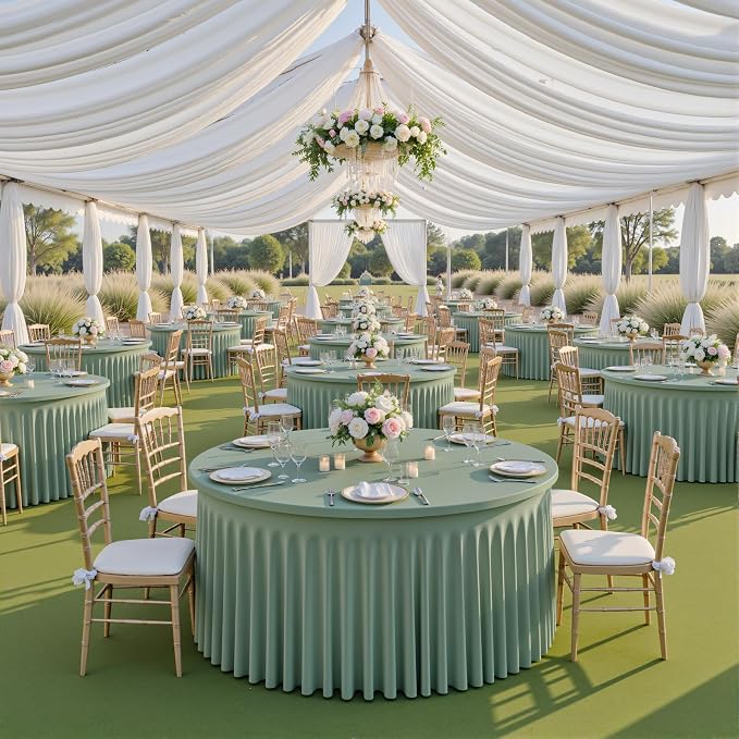 6 Pack Spandex Sage Green Round Tablecloths for 60in Tables-Stretchy 120inch Fitted 5FT Round Table Cloths-Wrinkle Free Table Cover with Skirt for Wedding Birthday Party Bridal Shower Banquet - Image 4