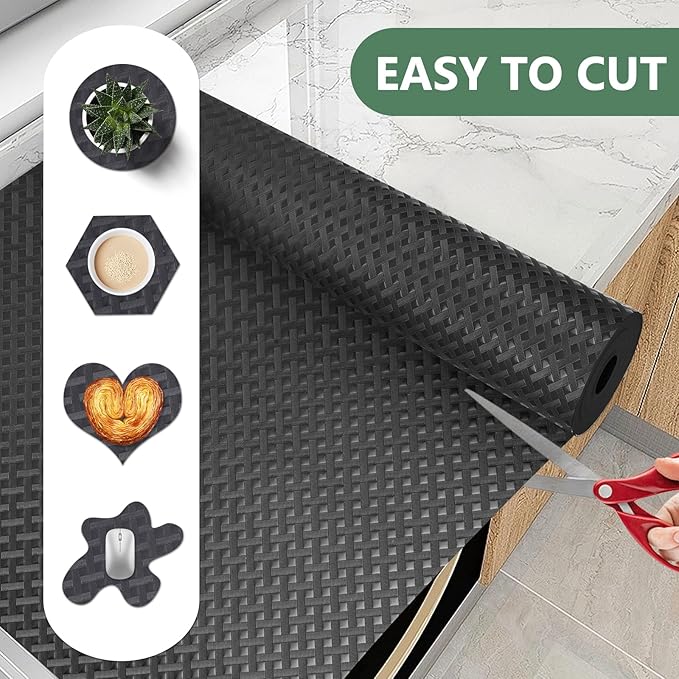 Shelf Liners, Non-Adhesive Drawer Liner, Waterproof & Oil-Proof Kitchen Cabinet Cupboard Liner Plastic EVA Material BPA Free Fridge Liner Mats Paper Protector for Shelves (Black/12in x 120in) - Image 3