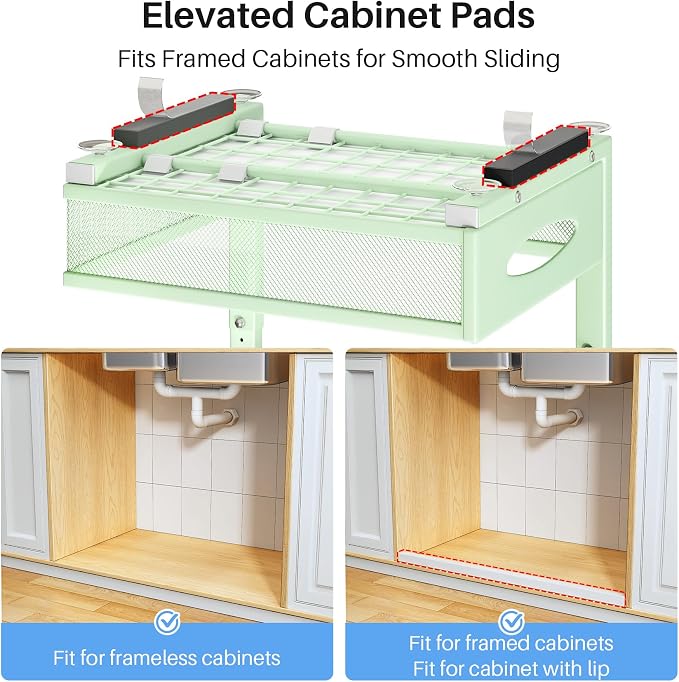 Under Sink Organizer, 2 Pack 2 Tier Pull Out Under Cabinet Organizer Shelf with Pad for Framed Cabinets, Metal Slide Out Under Sink Storage, Mesh Sliding Drawers for Kitchen Bathroom Laundry, Green - Image 7
