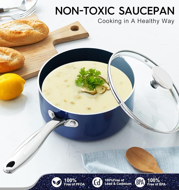 MICHELANGELO Sauce Pan Sets, Ceramic Saucepans with Lids, 1Qt & 2Qt & 3Qt Sauce Pans with Lid, Nonstick Saucepan Set, Small Pot with Stainless Steel Handle, Oven Safe, Blue - Image 4