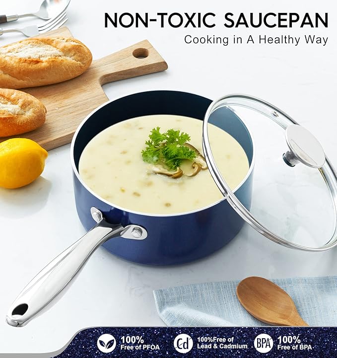 MICHELANGELO 3 Quart Saucepan with Lid, Nonstick Ceramic Sauce Pan with Stainless Steel Handle, 3 Qt Saucepan with Lid Induction Compatible, Oven Safe, Blue - Image 4